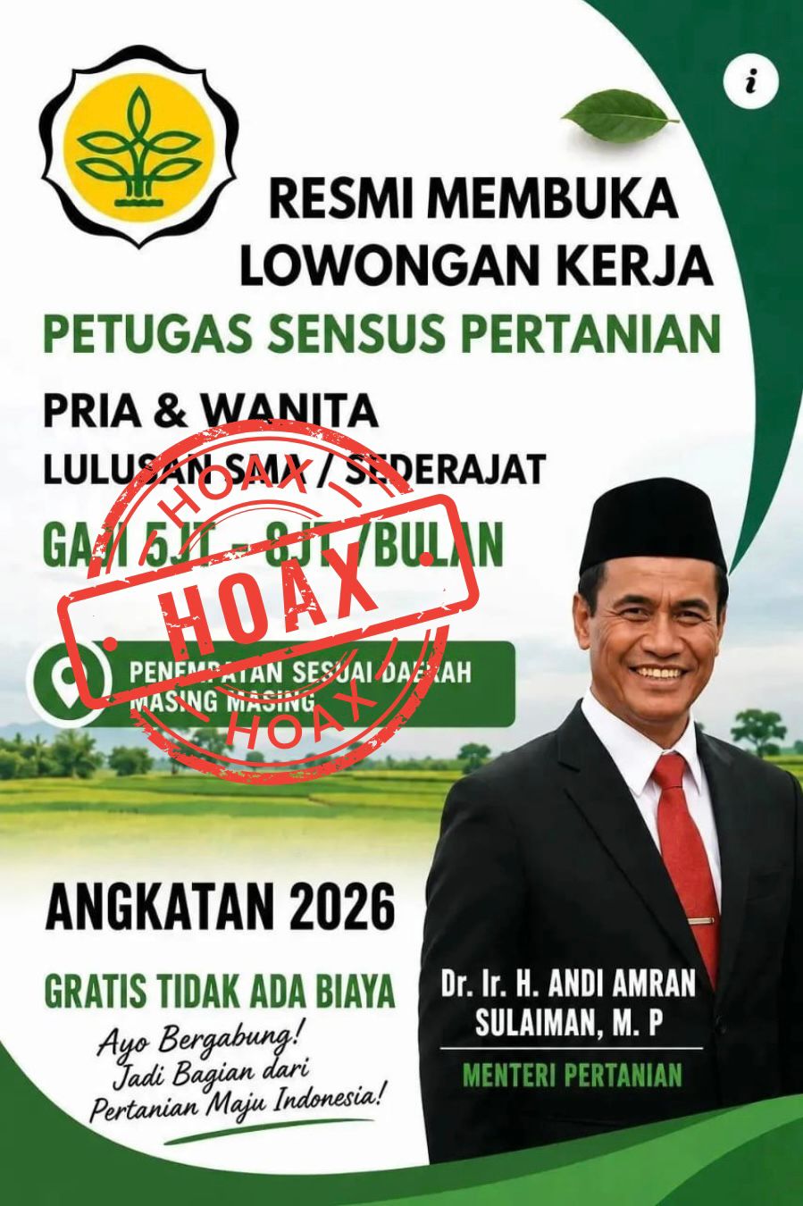 Kementan: Hati-hati Hoaks Rekrutmen “Petugas Sensus Pertanian 2026”, Masyarakat Waspada Modus Penipuan